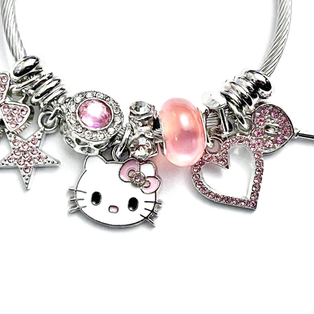 Hello Kitty Charm Bracelet Pink & Silver Tone Crystals & Stainless Steel M1494 - Picture 2 of 4